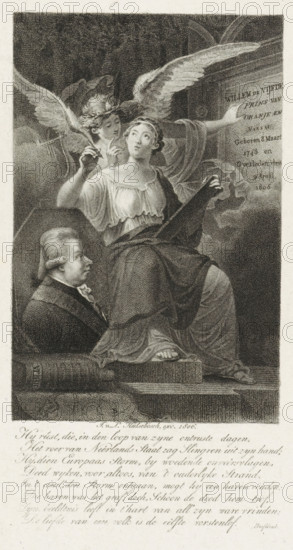 Portrait of William V, Prince of Orange-Nassau, print, Portrait of William V in an octagonal frame. Surrounding it are two allegorical figures and a number of objects. In the lower margin eight lines of Dutch text. Bottom right 'Proof print'., printmaker, publisher, Amsterdam, Low Countries, paper, engraving, etching, engraving and etching, proof print, height 232 mm x width 141 mm, The title mentioned here refers to the highest title obtained by the sitter, not necessarily to the title the sitter bears in this image., Person, William V (Prince of Orange-Nassau), A detailed monochrome engraving shows a seated female figure in flowing classical drapery holding a large open book and looking upward with a contemplative expression, a winged angelic figure leaning close behind her with one hand raised and large feathered wings arching above them. To the left foreground there is a sculpted bust of a man in formal attire set on a plinth, and a thick closed book lies horizontally near the base...