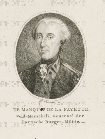 The Marquis de la Fayette, Field Marshal, General of the Parisian Civic Militia, Portrait of Gilbert du Motier, Marquis de la Fayette, print, Portrait bust in oval of Marie Joseph Paul Yves Roch Gilbert Motier, Marquis de La Fayette., printmaker: Jan Kobell (I), publisher: François Bohn, 1766 - 1833, paper, stipple engraving, etching, stipple engraving and etching, height 175 mm x width 148 mm, Person, Gilbert du Motier (Marquis de La Fayette), An oval portrait rendered in fine stippling shows a man with light-colored hair swept back from his forehead, a high forehead, and a composed facial expression, wearing a military-style coat with decorative shoulder epaulette and a cravat at the neck; the portrait is set against a textured dark background within the oval and surrounded by a plain, aged paper border.