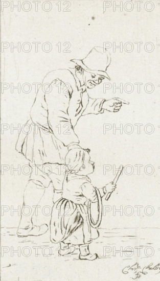 Standing man with child with hoop, print, A father plays with his son. He has the child by the hand. The little boy is holding a hoop and a stick with which he can propel the hoop in front of him., printmaker: Pieter de Mare, Leiden, after drawing by Christina Chalon, 1779, paper, etching, proof print, height 126 mm x width 80 mm, A simple line drawing on a pale, textured background shows an adult figure bending forward while pointing outward, wearing a brimmed hat and loose clothing with visible folds; the adult's hand rests on the head of a smaller figure standing in front, who is shown from the back and side, wearing a knee-length dress or skirt, boots, and holding a thin stick and a circular hoop. The drawing is composed of fine, sketchy lines with areas of darker outline, and there is a small decorative signature-like mark near the lower edge.