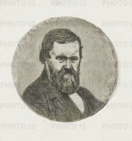 Portrait of Cornelis Ouboter van der Grient, print, Portrait in an oval of Cornelis Ouboter van der Grient, half-length., printmaker: Cornelis van der Griendt, 1865, paper, etching, diameter 48 mm, Person, Cornelis Ouboter van der Griendt, A circular etching of a man from the chest up centered on a plain light background, showing a middle-aged man with a full beard and mustache, short combed hair, a furrowed brow, and deep-set eyes; he wears a dark textured jacket over a lighter shirt with a visible collar and a narrow dark neckpiece, and the circular area around him is filled with crosshatched shading while the outer background is mostly blank.