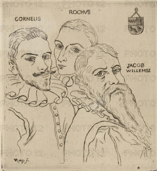 Portrait of Cornelis Rochus and Jacob Willemz, print, printmaker: Jonkheer Barthold Willem Floris van Riemsdijk, Netherlands, 1894, paper, etching, intaglio printmaking technique, etching with plate tone, height 137 mm x width 126 mm, adult man, Three male faces drawn in thin dark lines on a light beige background, arranged close together with two faces in front and one slightly behind; the leftmost face has a mustache and short wavy hair and wears a large ruffled collar, the central face has smoother features and short hair, and the rightmost face shows a long beard and flowing hair with a high forehead. Decorative ruffled collars and a buttoned garment are visible on the figures, and a small shield-like emblem hangs near the top right. The drawing consists of fine contour lines with minimal shading on a textured paper surface.