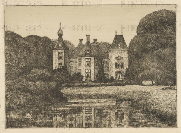 Huis Rooswijk, print, View of Huis Rooswijk. The country estate is situated by a pond and is enclosed by trees at the rear., inscription: 'Rooswijk 1914', printmaker: Jonkheer Barthold Willem Floris van Riemsdijk, Netherlands, 1914, paper, etching, drypoint, intaglio printmaking technique, etching and drypoint with plate tone, height 140 mm x width 191 mm, country-house, Beverwijk, A detailed monochrome etching shows a large historic mansion with steeply pitched roofs, chimneys, and decorative towers framed by dense trees on both sides; a body of water in the foreground reflects the building and surrounding foliage, and reeds and low vegetation edge the water.