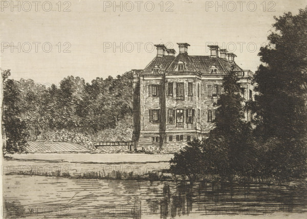 Middachten Castle, print, View from the water of the side of Middachten Castle., printmaker: Jonkheer Barthold Willem Floris van Riemsdijk, Netherlands, 1865 - 1918, paper, etching, drypoint, intaglio printmaking technique, etching and drypoint with plate tone, height 139 mm x width 187 mm, farm or solitary house in landscape, De Steeg, Huis te Middachten, A detailed ink drawing shows a large multi-story house with a steep tiled roof and small dormer windows, prominent chimneys, shuttered windows, and classical architectural details; the building sits behind dense foliage and trees that frame it on both sides, with heavy dark shading on the right and lighter, textured trees on the left; in the foreground a calm body of water reflects vertical lines and ripples, and a narrow strip of grassy bank separates the water from the trees and house.
