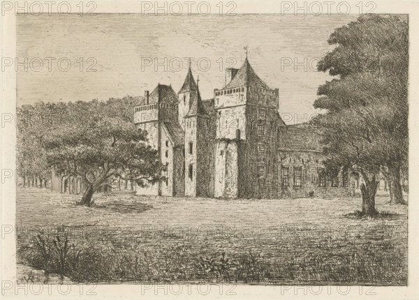 Assumburg Castle, print, View of the side of Assumburg Castle in Heemskerk. The castle is named after the hamlet of Assum, between Heemskerk and Uitgeest., inscription: 'Assumburg', printmaker: Jonkheer Barthold Willem Floris van Riemsdijk, Netherlands, c. 1865 - c. 1918, paper, etching, intaglio printmaking technique, drypoint, plate tone and drypoint, proof print, height 140 mm x width 197 mm, Heemskerk, A detailed ink drawing of a large stone building with multiple towers and steeply pitched roofs set in a parklike landscape, framed by dense trees on the left and right and a prominent leafy tree in front, with textured grass in the foreground and a line of trees receding behind the building, all rendered in fine hatch and crosshatch strokes against a lightly lined sky.