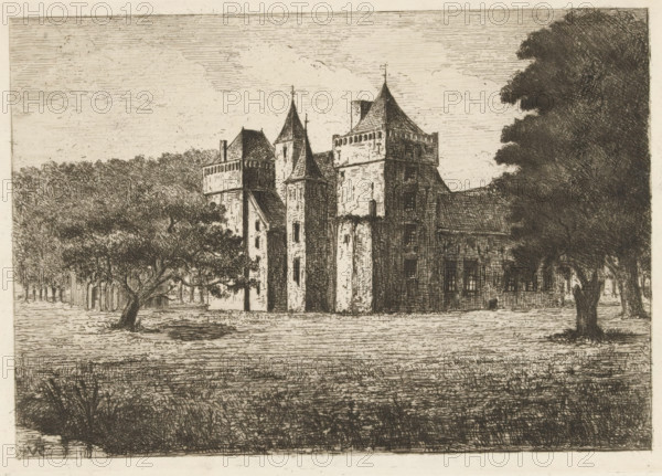 Assumburg Castle, print, View of the side of Assumburg Castle in Heemskerk. The castle is named after the hamlet of Assum, between Heemskerk and Uitgeest., printmaker: Jonkheer Barthold Willem Floris van Riemsdijk, Netherlands, 1865 - 1918, paper, chine collé, etching, drypoint, intaglio printmaking technique, plate tone and drypoint on chine collé, height 140 mm x width 197 mm, Heemskerk, A detailed pen-and-ink rendering of a large stone building with multiple towers and steep pointed roofs set in a flat landscape, framed on either side by dense groups of trees; the central structure shows tall narrow facades, rectangular windows, and varied rooflines with spires, while the foreground features textured ground and clumps of grass, and the left side foreground has a prominent gnarled tree with spreading branches.