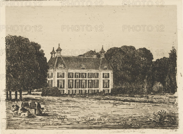 Waterland Estate, print, View from a meadow on the Waterland estate. In the foreground two cows., printmaker: Jonkheer Barthold Willem Floris van Riemsdijk, 1914, paper, etching, intaglio printmaking technique, drypoint, etching and drypoint with plate tone, height 141 mm x width 191 mm, rural housing, eg country-house, villa, cottage, cow, Waterland, A detailed monochrome ink drawing of a large rectangular building with a steep tiled roof and small pointed turrets, framed by dense clusters of tall leafy trees on both sides, set behind an open grassy foreground. In front of the building, there is a low hedge and rows of evenly spaced windows on multiple floors. The foreground shows textured grass patterns and a pair of grazing animals near the left edge, with one animal standing and another lying down. The sky above is sparsely speckled and the overall image has fine linework and hatching throughout.