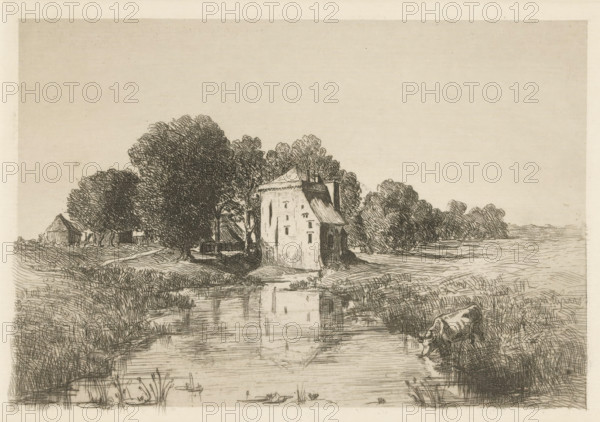Nijenbeek Castle, print, View of Nijenbeek Castle, on the bank of the Voorsterbeek (an old bed of the IJssel). A cow is drinking from the stream. The castle is also known as the Hooge Huis., inscription: 'Nijenbeek RWF van Riemsdijk fe', printmaker: Jonkheer Barthold Willem Floris van Riemsdijk, Netherlands, 1893, paper, zincets, intaglio printmaking technique, drypoint, plate tone and drypoint, height 139 mm x width 199 mm, cow, castle, Voorst, Kasteel Nijenbeek, A monochrome etching shows a rural scene with a rectangular building by a calm body of water, the building reflected in the water below. Trees with dense, textured foliage surround the building and extend across the middle ground toward the horizon. Grassy banks and marshy vegetation border the water, with detailed reeds and plants at the water's edge. A cow stands on the near bank facing the water, partially turned. The sky above is empty and light, occupying a large area of the composition.