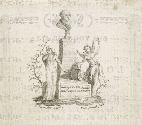 Memorial for King Louis XVI of France, Ludovicus XVI, Innocens Mortuus est, print, prayer card, Next to a memorial with the portrait bust of Louis XVI, King of France, stand a grieving woman and an angel pointing to the sky. On the verso, the call to pray for the soul of Louis XVI., printmaker: Jacob Willem Strunck, publisher: Theodorus Crayenschot, Netherlands, 1793 - 1813, paper, etching, letterpress printing, etching and text in letterpress on verso, height 113 mm x width 77 mm, Person, Louis XVI (King of France), grave, tomb and other grave-forms and grave-markers, A faint pencil or ink sketch on aged paper shows a sculpted bust atop a tall plinth, flanked by two draped figures; one figure stands with a covered head and a hand near the face, the other appears winged and gestures upward while holding a wreath near a reclining form at the base of the plinth. The scene includes sparse, leafless branches rising beside the figures and a rectangular tablet set into the plinth. The drawin...