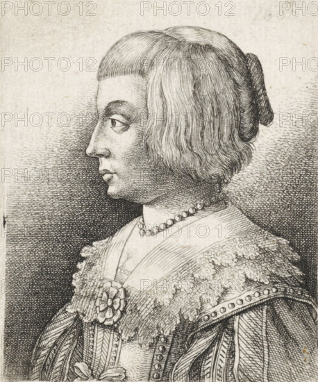 Portrait of a young woman with collar and rosette, Reisbüchlein, Small travel book with various portraits, print, printmaker: Wenceslaus Hollar, Germany, 1635, 1636, paper, etching, height 67 mm x width 55 mm, Unnumbered print from the 24-part series 'Reisbüchlein'., hairdress - AA -, women, neck-gear: collar (women's clothes), necklace (women's clothes), anonymous historical person portrayed alone - BB - woman, brooch, agraffe, clasp (women's clothes), costume, Period, 1625 - 1650, A monochrome engraved profile of a person facing left with short straight bangs and chin-length wavy hair held back with a textured ribbon, a rounded nose and full lips, a visible eye with a calm expression, a beaded necklace around the neck, a high collar and richly patterned garment featuring lace-like embroidery, floral rosette decoration, layered fabric details, and rows of round studs along an edge, all rendered with fine crosshatching on a lightly textured background.