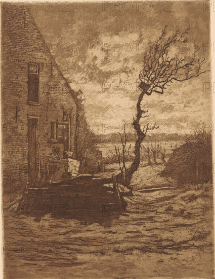 Farm in a landscape with a bare tree, Dune Landscape (former title), print, printmaker: Jan Willem Nortier (signed by artist), 1874 - 1919, paper, etching, intaglio printmaking technique, etching with plate tone in brown, height 190 mm x width 145 mm, farm or solitary house in landscape, trees (bare plant), A sepia-toned scene shows the side of a brick building with a tall, narrow window and a doorway, the brick texture rendered in fine lines; beside the building a narrow path or embankment leads toward a twisted, leafless tree with gnarled branches extending upward and outward, a small square structure nestled among its upper limbs; low shrubs and bare saplings populate the middle ground and a distant line of trees marks the horizon beneath a cloudy, textured sky.