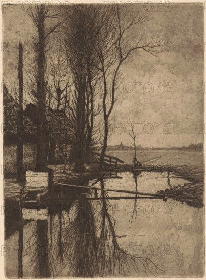 Ditch near Nootdorp, print, Trees on the left next to a farmhouse with a barn. Meadows in the background., printmaker: Jan Willem Nortier (signed by artist), 1874 - 1919, paper, etching, intaglio printmaking technique, height 193 mm x width 141 mm, small canal, ditch, Nootdorp, A monochrome landscape showing tall bare trees along a waterway with their thin, leafless branches reflected in the calm surface, a small wooden dock or bridge jutting into the water, a low structure or building partially visible among the trunks on the left, distant low buildings on the far shore beneath a wide, textured sky, and areas of muddy or marshy ground along the water’s edge.
