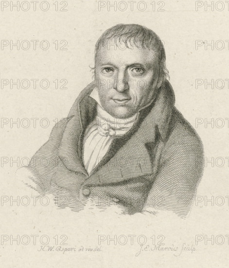 Portrait of Johannes Kinker, print, printmaker: Jacob Ernst Marcus, Amsterdam, after drawing by Hendrik Willem Caspari, 1825, paper, etching, stippelets, etching and stippelets, proof print, height 121 mm x width 101 mm, According to inscription on another copy, later state of the print also used in: Nederlandsche Muzen-Almanak. Seventh year. Rotterdam: J. Immerzeel, 1825., Person, Johannes Kinker, A monochrome engraved portrait of a man shown from the chest upward, featuring a high-collared coat with wide lapels and textured cross-hatched shading, a layered shirt and cravat at the neck, short hair with fine etched lines, a detailed face with expressive eyes, a straight nose, and closed lips, all rendered with fine stippling and line work on a lightly speckled paper background.