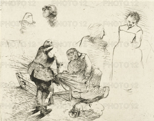 Study sheet with man with twig bush and kneeling woman by ice sled, print, printmaker: Albertus Brondgeest, Netherlands, 1796 - 1849, paper, chine collé, etching, etching on chine collé, height 97 mm x width 122 mm, woodgathering, woodgatherer, sleigh, sledge (non-sport), A sketch in pen and ink showing several figures rendered with fine crosshatching and contour lines, including two seated figures seen from behind wearing textured clothing and a standing person facing forward with a simple dress and downcast gaze, a head turned in profile with hair and a shawl, a small seated figure with bent posture near the bottom, and two isolated head studies near the top left, all drawn on a light, slightly textured background.