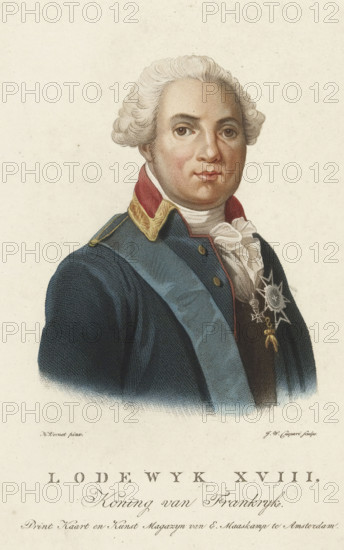 Portrait of Louis XVIII, King of France, print, Portrait of Louis XVIII of France. Bust facing right. The French king wears the chain of the Golden Fleece and the Star of the Holy Spirit. Below the portrait is a Dutch caption with the name of the sitter., inscription: 'The allies storm Paris and restore Louis XVIII to the throne of France for the second time. III st. bl. 2666 in 1815', printmaker: Jan Willem Caspari, Amsterdam, after painting by Horace Vernet, Paris, publisher: Evert Maaskamp, 1814 - 1822, paper, etching, hand coloring, stippelwerk, hand-colored, height 286 mm x width 228 mm, Person, Louis XVIII (King of France), A colored portrait of a man shown from the chest up wearing a dark blue uniform with a light blue sash across his chest and a high collar with red and gold trim, a white ruffled cravat at his throat, and a decorative star-shaped medal pinned to his jacket; he has pale skin, powdered white hair styled in tight waves, brown eyes, and a neutral expression, set ag...