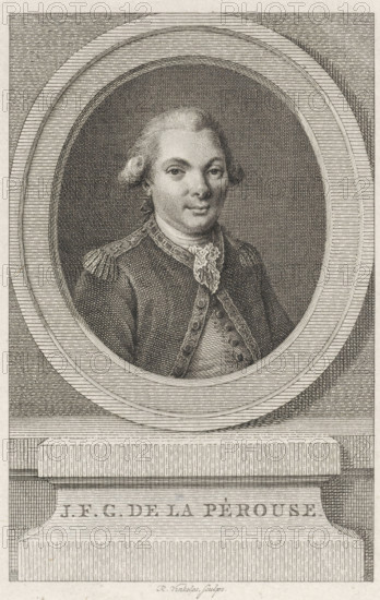 Portrait of Jean-François de La Pérouse, print, French naval officer and explorer., printmaker: Reinier Vinkeles (I), Amsterdam, 1785 - 1816, paper, etching, engraving, etching and engraving, height 167 mm x width 114 mm, Person, Jean-François de La Pérouse, An engraved portrait of a man shown from the chest upward within an oval frame, wearing a dark coat with decorative trim and epaulettes and a lace cravat at the neck, with neatly styled hair drawn back from the forehead and curled at the sides, rendered with fine crosshatching and surrounded by a textured background and an architectural plinth beneath the oval.