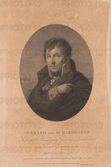 Portrait of Gerhard von Scharnhorst, print, printmaker: Friedrich Wilhelm Bollinger, Berlin, after painting by Johann Friedrich Bury, publisher: Baptista Weiss, 1813 - 1825, paper, stippelwerk, height 272 mm x width 198 mm, Person, Gerhard von Scharnhorst, historical persons, knighthood order, (military) uniforms, An oval vignette shows a bust-length portrait of a man with short wavy hair and a serious expression, dressed in a dark high-collared coat with ornate embroidery visible at the cuff and a decorative medal at the chest, his hand partially tucked into his coat; the vignette is centered on a textured, aged paper background with spotting and discoloration, and there is flowing script and larger printed text visible below the portrait without detailing its content.