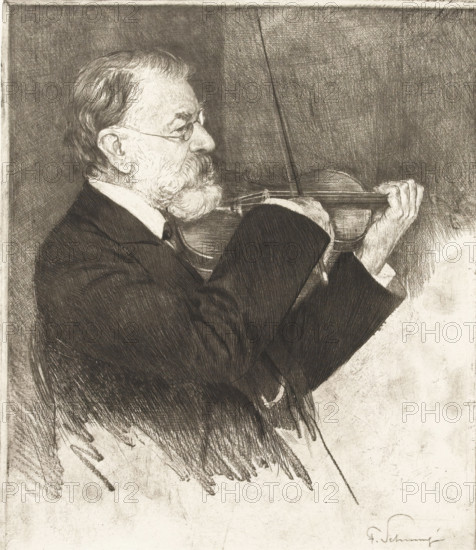 Portrait of Joseph Joachim, print, printmaker: Ferdinand Schmutzer (signed by artist), 1917, paper, etching, drypoint, soft-ground etching, intaglio printmaking technique, height 275 mm x width 234 mm, Person, Joseph Joachim, historical persons, violin, fiddle, portrait of a musician, A sepia-toned drawing shows an older man in profile holding a violin and bow to his shoulder, wearing a dark suit jacket and a light-colored shirt collar; he has a full beard and mustache, short hair, and wire-rimmed glasses, and his hands are shown grasping the violin and neck while the bow is angled upward.