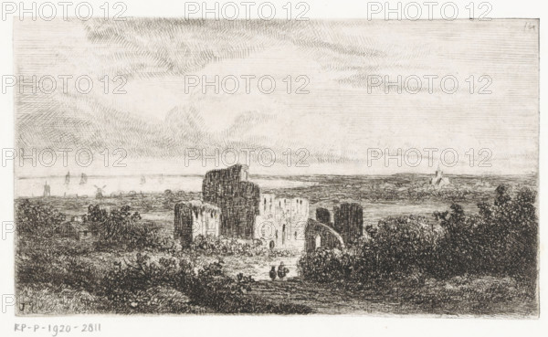 Coastal landscape with ruin, print, Series number, 14, A ruin lies in the dunes. A small church stands in the distance to the right. The sea with a few sailing ships is in the distance to the left. The number 14 is in the upper right., printmaker: Johannes Pieter van Wisselingh, Netherlands, 1830 - 1878, paper, etching, height 102 mm x width 180 mm, dune coast, sailing-ship, sailing-boat, ruin of a building, architecture, church (exterior) - QQ - small church, chapel, A black and white etched landscape showing a wide sky with horizontal and crosshatched cloud textures above a distant shoreline with small sailboats and a windmill, a middle ground of flat fields and low buildings, and a foreground dominated by the ruins of stone structures surrounded by dense trees and shrubbery with a narrow path leading toward two small human figures near the ruins.