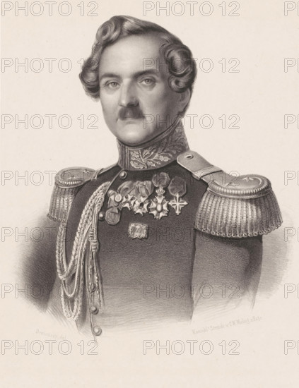 Portrait of François Vincent Henri Antoine de Stuers, print, printmaker: Augustin Luc Demoussy, Paris, printer (person): Royal Dutch Steendrukkerij van CW Mieling, The Hague, in or after 1847 - in or before 1861, Royal Dutch Lithography of CW Mieling, printer (person), paper, chine collé, lithography, height 545 mm x width 364 mm, Person, François Vincent Henri Antoine de Stuers, historical persons, A grayscale portrait of a person shown from the chest up wearing a decorated military uniform with ornate shoulder epaulettes and braided cords draped across the chest. The figure has styled hair with waves at the temples and a small mustache, and wears a high collar with embroidered leaf motifs. Several medals and insignia are pinned to the chest, including star-shaped and cross-shaped badges suspended from ribbons. The image has a plain, lightly textured background.