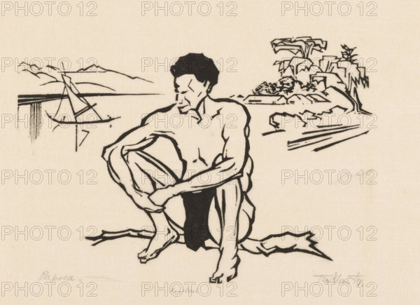 Papua (original title), print, A man sitting on a tree branch by the water. In the background mountains, a sailing ship and a settlement., printmaker: Johannes Frederik Engelbert ten Klooster (signed by artist), 1919, printer (person), paper, transparent paper, woodcut, height 227 mm x width 303 mm, sitting on an elevation, landscapes in tropical and sub-tropical regions, trees (branch, stick), A monochrome line drawing of a seated man with a muscular torso and short dark hair, shown in profile looking toward his left while one arm wraps around a bent knee; he wears a dark cloth around his waist and sits on a textured surface. In the background to the left, there is a simple shoreline with a small sailboat on the water and horizontal lines suggesting a distant horizon and distant hills. To the right in the background, there are stylized shapes suggesting rocky formations and a tree with broad, angular leaves. The composition is rendered with bold black lines on a light paper background...