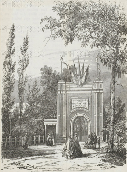 Exhibition of provincial industry in Amsterdam in 1859, print, A number of figures stand in front of the entrance to the exhibition space., printmaker: Stam, Netherlands, after design by Willem Hekking jr., 1859, paper, wood engraving, letterpress printing, wood engraving and text in letterpress on the verso, height 141 mm x width 104 mm, exhibition, show, Amsterdam, Period, A detailed black and white drawing shows a grand entrance building with ornate vertical columns and an arched doorway, flanked by tall trees with dense foliage; above the entrance sits a decorative crest with flowing banners and pointed elements, and two slender flagpoles rising on either side. In front of the building a small group of people in period dress stand and walk along a path, including women in long dresses and cloaks and a few men in coats and hats. A fence and lamp post run along the left side, while additional trees and shrubbery fill the background, and the scene is shaded with fine crosshatching and...