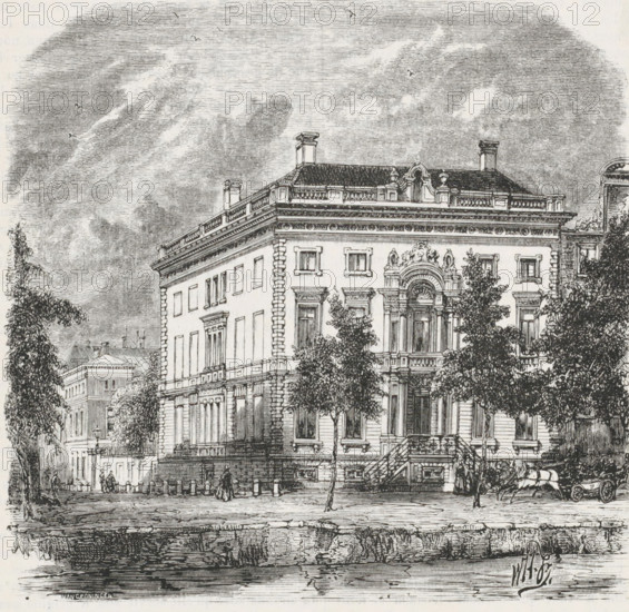 House of Mr. Fuld, House of banker Elias Fuld on the corner of the Keizersgracht and the Molenpad in Amsterdam, print, printmaker: Popko van Groningen, Netherlands, after design by Willem Hekking jr., 1859 - 1888, paper, wood engraving, letterpress printing, wood engraving and text in letterpress, height 142 mm x width 142 mm, Person, Elias Fuld, housing, Amsterdam, Keizersgracht, Molenpad, A detailed black and white engraving of a grand multi-story building with ornate architectural features including decorative cornices, a balustraded roofline, chimneys, and an elaborate arched entrance flanked by columns and sculptural ornamentation, trees partially obscuring the facade, a horse-drawn carriage on the street, a few pedestrians on the sidewalk, neighboring buildings visible in the background, and a reflective body of water in the foreground showing rippled reflections of the scene above.