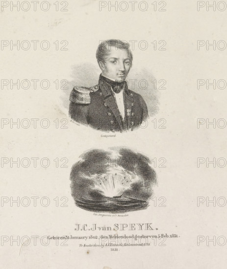 Portrait of Jan van Speyk and the explosion of his ship, print, The sitter wears a military uniform with an epaulet and two knightly orders on his chest. Below the portrait is his boat exploding in the port of Antwerp. Below that his name and date of birth and death., : 'Filed.', : 'Presented to the municipal administration of the city of Amsterdam by me, publisher: - in compliance with art. 6 of the, Law of January 25, 1817, Amst: Feb. 20. 1831, AJ van Tetroode', : 'Printed by us here, Amsterdam, February 20, 1831, Desuerrois et Co.', printmaker: JB Clermans, printer (person): Desguerrois & Co., publisher: Anthonius Johannes van Tetroode, printer (person), paper, lithography, height 212 mm x width 165 mm, Person, Jan van Speyk, historical persons ((full) bust portrait), projectiles, explosives, etc.: gunpowder (sailing-ships), Belgian Revolution, A monochrome lithographic image shows a bust portrait of a man in a dark military-style jacket with decorative buttons and an epaulette on o...