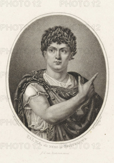 Talma, as Nero in Brittanicus, print, Portrait of the French actor François Joseph Talma, in the role of Nero in the play Britannicus by the French playwright Jean Racine., printmaker: Willem van Senus, Netherlands, after painting by G. Muneret, publisher: Johannes Christoffel van Kesteren, 1829 - 1851, Jean Désiré Muneret, paper, etching, stippelets, etching and stippelets, height 240 mm x width 149 mm, Person, François Joseph Talma, An engraved oval portrait of a person shown from the chest up wearing a laurel wreath on curly hair and a draped garment with decorative embroidery and a patterned cloak, the figure's face turned slightly to one side with a neutral expression and eyes looking outward, one arm raised with a hand pointing upward, the background inside the oval filled with fine stippling and the surrounding paper showing a textured, aged appearance.