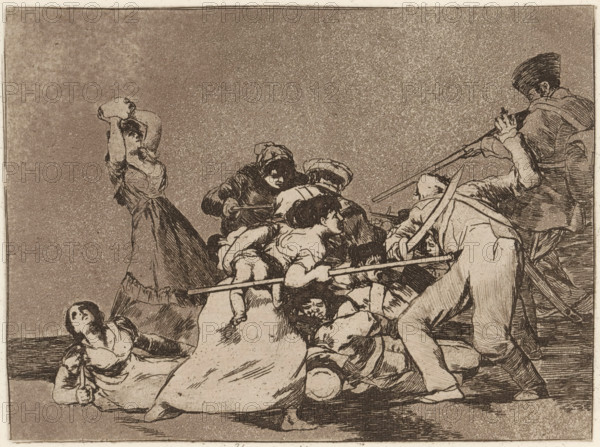 Y son fieras, Woman with a baby under her arm stabs a soldier to death with a lance, Los desastres de la guerra, Horrors of war, print, album page, Series number, 5, 80, This print is part of an album., printmaker: Francisco de Goya, printer (person): Laurenciano Potenciano, publisher: Real Academia de Nobles Artes de San Fernando, Madrid, 1810 - 1820, 1863, printer (person), Comunidad de Madrid, paper, etching, aquatint, drypoint, burin, height 152 mm x width 207 mm, This is a posthumous print., mother and baby or young child, violent death by lance, spear, Spanish War of Independence, Spain, Period, 1808 - 1814, A monochrome etching shows a group of people in close physical struggle, with figures overlapping and leaning into one another. On the left a woman stands with her arms raised holding a wide object above her head, while another woman lies on the ground with her head tilted back. Several central figures are bent forward, some wearing head coverings and simple dresses, their li...