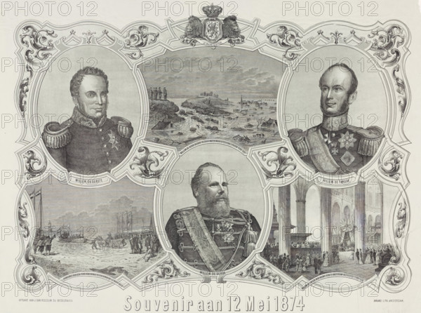 Souvenir of May 12, 1874, print, Commemorative plaque for the celebration of the 25th anniversary of the reign of King William III, May 12, 1874. Portraits of the three kings William I, II, and III. With three scenes of the arrival of William I at Scheveningen (1813), the inauguration of William II (1840), and the visit of William III to the flood-stricken regions (1861)., printmaker, printer (person), publisher, Amsterdam, Netherlands, Bodegraven, paper, tone lithography, tone lithography in black with a tone block in grey, height 500 mm x width 700 mm, Person, William I of the Netherlands, William II of the Netherlands, William III (King of the Netherlands), historical persons, Inauguration of William II as King of the Netherlands, Flood of January-February 1861, Arrival of William I Frederick in the Netherlands (1813), royal house, Period, 1849-05-12 - 1847-05-12, A large ornate engraving shows three framed portrait medallions at the top and a larger central medallion below, all con...