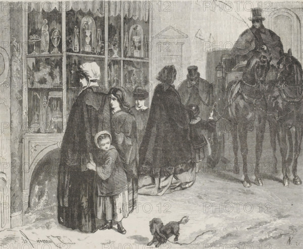 Sinterklaas Day, print, book illustration, A woman and two children are standing in front of a shop window on Sinterklaas Day. In the background, several other figures are walking and a horse-drawn carriage is passing by. In the foreground, a small dog on a leash without an owner is barking., printmaker: Arie Kunz, Netherlands, after design by Diederik Franciscus Jamin, 1835 - 1921, paper, wood engraving, letterpress printing, wood engraving and text in letterpress, height 162 mm x width 253 mm, dog, festivities on St. Nicholas (Eve) (December 5), shop-window, show-window, animal traction, animal-drawn vehicle (carriage etc.), A crowded street scene rendered in fine monochrome lines shows a group of women and children standing near a shop window filled with decorative objects under scalloped awnings; the figures wear cloaks, bonnets, and hats, and several faces are visible in profile or three-quarter view. To the right a carriage driver in a top hat and long cloak sits behind two harne...