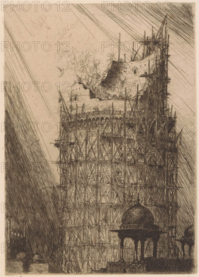Enchanted tower, print, A tower under construction. At the upper floors several winged figures., printmaker: Marius Bauer (signed by artist), 1898, paper, etching, intaglio printmaking technique, etching with plate tone, height 181 mm x width 128 mm, tower, clock tower, monumental adornment, fabulous beings with wings, A tall stone structure with scaffolding covering its façade rises up the image, the upper portion showing rough, broken masonry and jagged edges while the lower sections are obscured by a dense lattice of wooden poles and crossbeams; delicate arched openings and ornamental details are visible near the top of the scaffolded area, and a domed pavilion with slender columns stands in the foreground at the base, its curved roof contrasting with the straight lines of the supports; diagonal hatch marks and shaded strokes fill the background and edges, and wispy sketch lines suggest crumbling surfaces and scattered debris near the upper ruin.