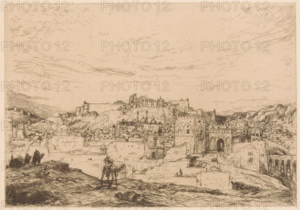 Oriental city, print, Cityscape of a city with a fortress and various mosques. In the foreground, several camels and their riders., printmaker: Marius Bauer (signed by artist), 1898, paper, etching, intaglio printmaking technique, etching with plate tone, height 129 mm x width 178 mm, city-view in general, 'veduta', hoofed animals: camel, A sepia-toned line drawing of a walled city set in a rugged landscape, showing a high fortress or citadel on a rocky rise with clustered buildings and domes below, a large arched gateway and sections of crenellated walls, narrow streets and terraces, and small human figures and mounted riders in the foreground; the sky above is filled with sweeping, fine-lined clouds and the terrain around the city includes hills and rocky outcrops.