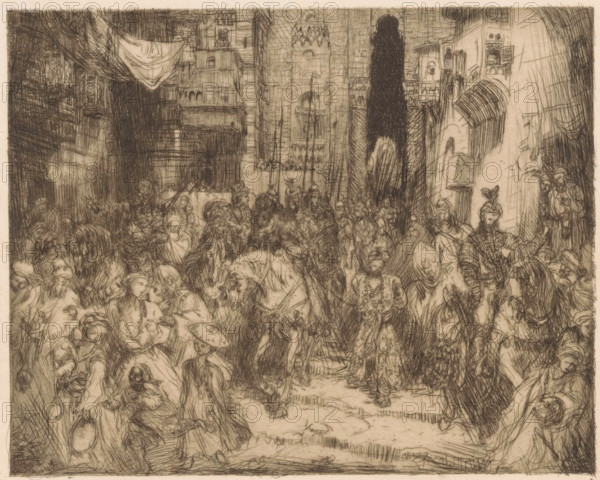Aladdin, print, A man in Oriental clothing with his hands tied behind his back is being led down the street by a group of horsemen. Around them a crowd of people., printmaker: Marius Bauer (signed by artist), 1893, paper, etching, intaglio printmaking technique, etching with plate tone, height 139 mm x width 168 mm, tales and fairy tales: One Thousand and One Nights, A densely detailed ink drawing shows a crowded interior scene with many figures gathered in an architectural space of arches, columns, balconies, and tall doorways; the composition is filled with overlapping people in varied postures, some wearing elaborate headdresses or helmets and holding shields, others in robes or cloaks, and several seated or bending. The surrounding architecture includes carved stonework, recessed niches, vaulted openings, and layered balconies with small groups of observers, while draped fabric hangs above part of the scene. In the foreground people cluster tightly, some embracing or leaning toward...