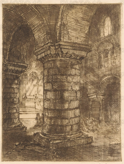 Lying monk in a church, print, book illustration (design), printmaker: Jan Poortenaar (signed by artist), 1896 - 1922, paper, etching, intaglio printmaking technique, height 160 mm x width 122 mm, interior of church, lying face downwards, A detailed pen-and-ink interior scene shows a large stone column in the foreground with a fluted base and layered stone blocks, supporting a broad arching vault above. Arched openings and niches recede into the background, with cross-hatching shading that defines curved ceilings and deep shadows. Steps and raised platforms are visible beyond the column, with an altar area partially illuminated and a draped cloth hanging nearby. A small human figure kneels on the floor near the base of the steps, and another indistinct figure is nearby. Tall, narrow windows admit bright light that contrasts with the darker, textured stonework. The floor shows scattered debris and heavy linear shading, and decorative molding runs along the tops of the arches. Overall th...
