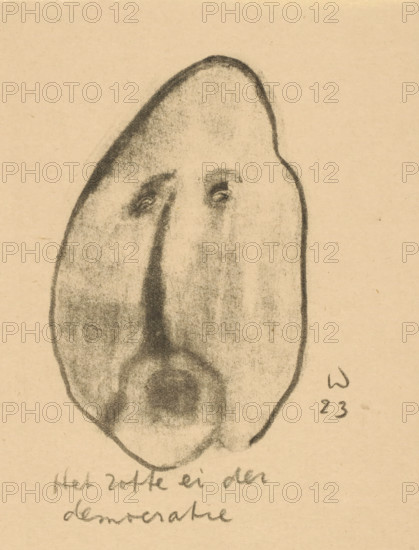 The Mad Egg of Democracy (original title on object), Idealists II and Further Notes (original series title), print, Egg-shaped head with open mouth., printmaker: Erich Wichmann, 1923, paper, lithography, height 175 mm x width 135 mm, caricatures (human types), democracy, 'Democratia' (RIPA), A charcoal or pencil sketch of an elongated, irregularly oval face with shaded contours on a tan paper background, showing two small, darkened eye shapes with subtle highlights, a long shaded vertical area suggesting a narrow nose, darker shading around a small mouth area, and a heavy outline tracing the face perimeter.