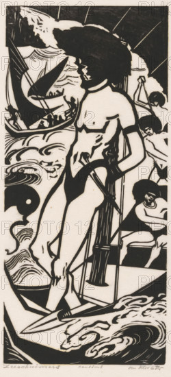 Sea Buccaneers (original title on object), print, A sailing ship filled with pirates. In the foreground, a standing man wearing a dagger on his hip. A spear lies at his feet. In the background, two more pirate ships and a cliff., printmaker: Johannes Frederik Engelbert ten Klooster (signed by artist), c. 1924, printer (person), paper, transparent paper, woodcut, height 335 mm x width 245 mm, weapons, pirate(ship), man (showing himself) undressed, quasi-nude, A tall stylized black-and-white woodcut-like scene shows a central standing nude figure with dark curly hair facing right, holding a long pole or mast and standing on a narrow platform or boat, surrounded by swirling waves and abstracted water patterns. To the left, a sailing boat with a triangular sail and several silhouetted figures is depicted against a background of more waves and cloud-like shapes. Smaller figures with similar dark hair appear behind and around the central figure, some seated and some holding ropes or poles. S...