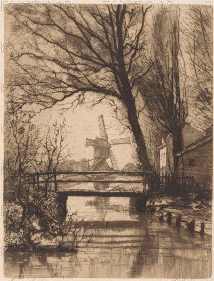 Loenersloot (original title on object), print, A bridge over the river Angstel in Loenersloot. In the background the Oukopermolen., printmaker: Johannes Josseaud (signed by artist), 1890 - 1926, paper, etching, intaglio printmaking technique, height 248 mm x width 192 mm, windmill in landscape, bridge, Loenen (Utrecht), A monochrome etching showing a rural scene with tall bare trees filling the upper area and their branches spreading across the sky, a narrow wooden bridge crossing a calm canal in the middle ground, a traditional windmill with visible sails positioned beyond the bridge, a small building with a pitched roof and a fence on the right side near the water, reflected lines and subtle reflections in the surface of the canal, clustered shrubs and undergrowth along the canal banks, and a foreground bank with vegetation leading down to the water.