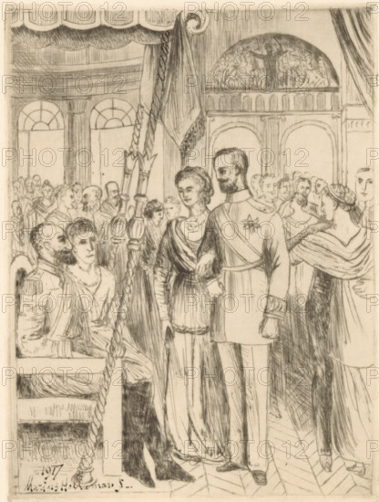 Couple before the wedding in the church, Solemn event in the life of Bellerophon (former title), print, A man and a woman stand arm in arm in front of a couple seated under a canopy. In the background, dancing people., printmaker: Marius Holleman, Groningen (city), 1917, paper, etching, second pen-drawing method, height 160 mm x width 119 mm, dancing at wedding feast, A pencil or ink drawing of a crowded interior scene showing figures in formal dress standing and seated beneath an ornate ceiling and archways, with large arched windows in the background and a decorative semicircular relief above one arch; a central couple stands arm in arm, the woman wearing a dress and the man wearing a uniform with a sash and a star-shaped decoration, surrounded by attendants and onlookers, some seated and some standing near a rope or braided cord and ornamental poles, with drapery at the sides and a patterned floor beneath their feet.