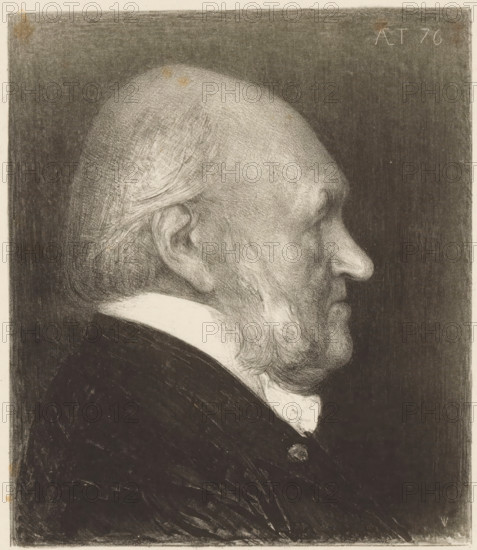 Portrait of Nicolaas Beets, Famous contemporaries, print, signature: 'Jan Veth', printmaker: Jan Veth, 1891, paper, lithography, proof, height 383 mm x width 330 mm, This print was published as a supplement to De Amsterdammer on March 8, 1891., Person, Nicolaas Beets, historical persons ((full) bust portrait), A monochrome side-profile portrait of an elderly man showing his head, face, ear, and upper torso against a dark background, with detailed pencil or charcoal shading emphasizing the texture of his thinning hair, receding forehead, prominent nose, and beard; he wears a dark coat over a light collar and there is visible shading and highlights creating contrast between his skin, hair, and clothing.