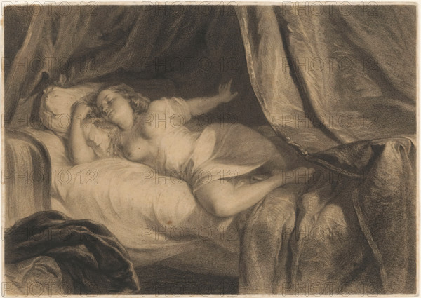 Half-naked sleeping young woman, print, The woman lies in a bed. Heavy pieces of fabric hang from the ceiling around the bed., 1809 - 1899, printmaker, paper, tone lithography, tone lithography in black with tone block in beige, height 175 mm x width 243 mm, bed, adolescent, young woman, maiden, sleeping in bed, (almost) naked, ascetic life, A reclining figure lies on a bed with rumpled sheets and pillows, one arm bent under the head and the other extended outward; the figure's torso and legs are partially exposed beneath a loosely draped garment, and long hair fans across the pillow. Heavy, textured drapery surrounds the bed, creating deep folds and shadows above and beside the figure, and the overall image is rendered in soft, shaded tones with visible pencil or charcoal strokes.