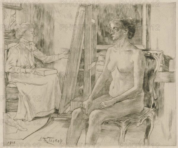 The model (original title), Artist working from a female nude model, print, printmaker: Jan Toorop (signed by artist), 1901, paper, drypoint, intaglio printmaking technique, drypoint with plate tone on zinc, height 131 mm x width 158 mm, The artist is probably Riet van Houten, whom Toorop also depicted in 'In 't atelier', and in 'De pianiste', Person, Riet van Houten, painter working from nude model, A pencil or charcoal drawing shows two women in an interior scene separated by an easel; one woman sits clothed on the left with her hair pulled back, holding drawing tools and a box while facing the easel, and the other woman sits unclothed on the right on an ornate chair, facing slightly away with a calm expression and hands resting on her legs; vertical shading and window-like structures appear behind them, with drapery and simple furniture visible around the figures.