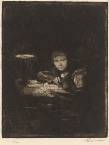 Drawing children at dusk, print, printmaker: Albert Besnard (signed by artist), France, 1859 - 1929, paper, etching, drypoint, intaglio printmaking technique, height 265 mm x width 208 mm, child and art, lighting, lamps, darkness, A dark, grainy image showing two faces illuminated against a deep shadowed background, a larger face centered above a smaller face to the right, both looking toward a table surface that is lit and textured; on the table there are indistinct papers and a hand resting near them, the figures' clothing and the surrounding space are rendered with heavy crosshatched shading and soft highlights, and a narrow strip of light appears to the left above the table.