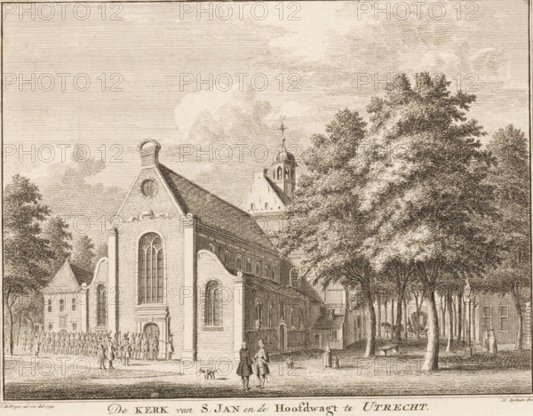 The Church of St. John and the Main Guardhouse in Utrecht, View of the St. John's Church and the guardhouse in Utrecht, print, book illustration, printmaker: Hendrik Spilman, Haarlem, after drawing by Jan de Beijer, publisher: Isaak Tirion, Amsterdam, 1744 - 1758, Hendrik Spilman, Jan de Beijer, Isaak Tirion, printmaker, after drawing by, publisher, paper, etching, engraving, height 161 mm x width 206 mm, Print also used in: Present State of the United Netherlands, eleventh part, containing a description of the province of Utrecht. Decorated with maps, plans of the cities and print illustrations, Contemporary History, or Present State of all Peoples, 21st part (…). Amsterdam: Isaak Tirion, 1758, between p. 372 and p. 373, public road, Utrecht, Janskerk (Utrecht), A detailed etching shows a large brick church with tall arched windows and decorative gable ends, a smaller attached building with a rounded roof feature, and a tower with a cupola and weather vane rising behind the main struc...