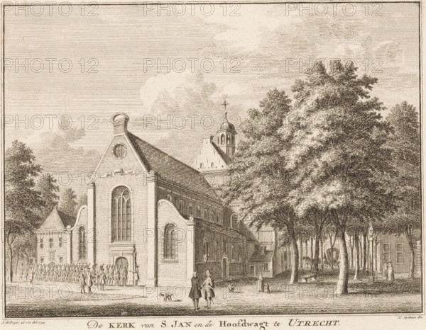 The Church of St. Catherine in Utrecht, View of the Catharine Church in Utrecht, print, book illustration, printmaker: Jan Caspar Philips, Amsterdam, after drawing by Jan de Beijer, publisher: Isaak Tirion, 1744 - 1758, paper, etching, engraving, height 175 mm x width 214 mm, Print also used in: Present State of the United Netherlands, eleventh part, containing a description of the province of Utrecht. Decorated with maps, plans of the cities and print illustrations, Contemporary History, or Present State of All Nations, 1758, between p. 376 and p. 377., church (exterior), Utrecht, Catharijnekerk, A detailed ink engraving shows a large church with tall arched windows and a steep roof, its facade featuring decorative scrolls and a small round window near the gable, adjacent to smaller buildings; a tower with a domed top and a weather vane rises behind the church. In front of the church a formation of uniformed figures stands in rows while other people walk or converse nearby, some accom...