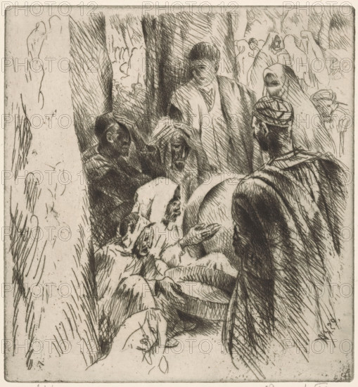 Arab company, print, inscription: '7h w8', printmaker: Adolphe Marie Timothée Beaufrère (signed by artist), France, 1929, paper, etching, drypoint, intaglio printmaking technique, height 216 mm x width 200 mm, forest, wood, Africans, A sepia-toned etching shows a group of robed figures gathered under tall trees, their faces rendered with fine crosshatching and varied expressions; one central figure stands with a bowed head and a cloak draped over the shoulders, another figure in the foreground wears a wrapped head covering and a cloak seen from the back, while other seated or leaning figures reach out or gesture with visible hands and outstretched arms; the background contains more hooded silhouettes among vertical tree trunks and textured foliage, and the ground and clothing are detailed with dense diagonal and curved etched lines.