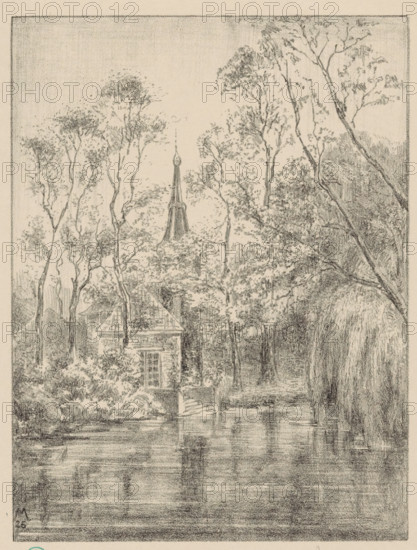 De Werve (original title), Country house Huis te Werve by pond, Old country estates around The Hague (original series title), print, The tower of Huis te Werve can be seen behind trees., printmaker: Simon Moulijn (signed by artist), 1926, paper, lithography, height 423 mm x width 298 mm, Print used for: Moulijn, Simon and Gelder, Hendrik Enno van. Old country estates around The Hague. The Hague: Municipal Administration, 1929., country-house, garden pond, Voorburg, Huis te Werve, A monochrome pencil drawing shows a quiet wooded scene with tall, slender trees framing a small building partially hidden among foliage, a pointed steeple rising behind the trees, and a narrow path or steps leading down toward a reflective body of water in the foreground. The trees have delicate, lacy leaves and varied trunk textures, and dense shrubs and plants cluster near the building and water’s edge. The surface of the water shows soft horizontal shading and faint reflections of the trees, and the overall...