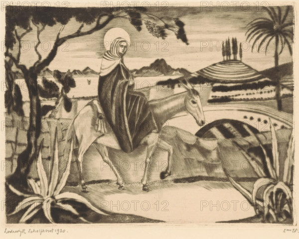 Flight into Egypt, La Fuite en Egypte II (original title), print, Mary riding on a donkey in a hilly landscape with a bridge. She carries the Christ Child in her arms, which are hidden behind her cloak., printmaker: Lodewijk Schelfhout (signed by artist), printer (person): Roeloffzen & Hübner, 1930, printer (person), paper, drypoint, drypoint on copper, height 121 mm x width 161 mm, ass, donkey, flight into Egypt and miracles during the journey, A monochrome drawing shows a robed figure with a halo seated on a donkey, the figure's head covered and gaze lowered, draped garments creating flowing lines over the animal's back; the donkey stands on a textured ground with visible hooves and a lowered head. Surrounding them are stylized plants with long leaves in the foreground and trees with twisting trunks framing the scene at the sides, while a curved wall or ledge runs behind the donkey. In the background a body of water stretches toward distant layered hills and a mountainous peak, a sma...