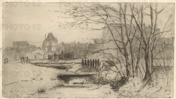 Spring (original title on object), print, Bare trees by a ditch. In the background the silhouettes of houses., printmaker: Willem Adrianus Grondhout (signed by artist), 1888 - 1931, paper, etching, intaglio printmaking technique, height 104 mm x width 186 mm, spring landscape, landscape symbolizing spring (the four seasons of the year), small canal, ditch, A monochrome etching showing a riverside scene with bare, leafless trees in the foreground on the right, their trunks and slender branches drawn with fine, dark lines. Along the bank beneath the trees there are tangled brush and grasses rendered with cross-hatching, and a small inlet or channel of water cuts inward from the lower edge. Across the middle distance a line of vertical posts or stakes projects from the shore, and low, receding terrain leads toward distant buildings. On the far side of the water a cluster of architectural forms with pitched roofs and blocky silhouettes is visible through a soft, misty layering of horizonta...