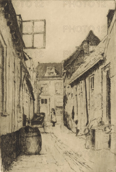 Street in Voorburg (original title), print, In the foreground a rain barrel by a house with an open window. At the end of the street a woman and a cart., printmaker: Willem Adrianus Grondhout (signed by artist), 1888 - 1931, paper, etching, intaglio printmaking technique, height 188 mm x width 128 mm, street, Voorburg, A narrow street scene rendered in fine linework shows tall, closely set buildings with pitched and gabled roofs lining both sides; an open window frame projects from a left-side upper wall, and a steep roof with textured shingles rises on the right. In the foreground on the left sits a large rounded barrel or container, and on the right a person leans over a railing or ledge near a cart-like structure with visible wheels. Further down the lane a smaller cart or wagon is positioned to the left of center, and a figure stands near it facing slightly toward the viewer. The distant building at the end of the street has multiple windows and a small dormer, and narrow vertical ...
